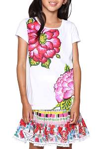 Desigual biele dievčenské tričko Tartan s farebnými motívmi