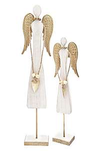 Drevená socha Anjel Placi malý so zlatými krídlami a srdcom