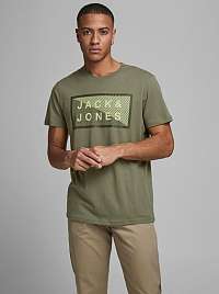 Jack & Jones khaki pánske tričko Shawn s potlačou