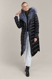 Kara čierny prešívaný zimný kabát s kožušinou