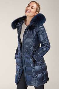 Kara modrý prešívaný zimný kabát s kožušinou