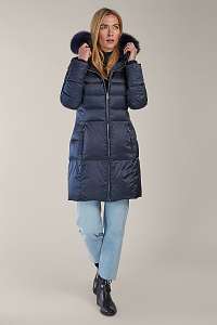 Kara modrý zimný páperový kabát s kožušinou