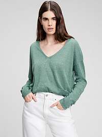 Ženy - Ľanový sveter s výstrihom do V Zelená