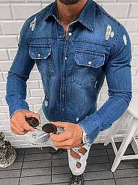 Tmavomodrá rifľová košeľa s dlhým rukávom O/5813