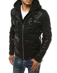 Trendová koženková bunda s kapucňou v čiernej farbe