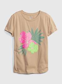 Béžové dievčenské organické tričko s flitrami kvetinové GAP