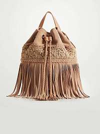 Béžový dámsky kožený batoh so strapcami Desigual Crochet Leather Jaguar