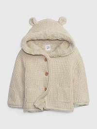 Béžový detský rebrovaný sveter s kapucňou a umelou kožušinou GAP
