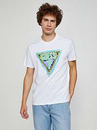 Biele pánske tričko s potlačou Guess Brushed Triangle