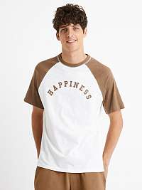 Bielo-hnedé bavlnené tričko Celio Ceraglan Happiness