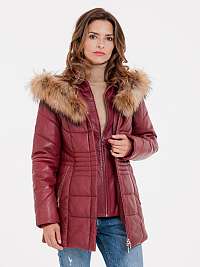Červený dámsky kožený kabát s pravou kožušinou KARA
