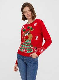 Červený dámsky sveter s vianočným motívom VERO MODA New Frosty Deer