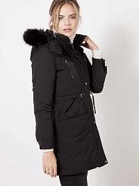 Čierna bunda s kapucňou a umelou kožušinou CAMAIEU