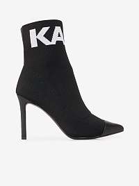 Čierne dámske členkové kožené topánky na podpätku KARL LAGERFELD Pandora Hi Knit Collar Ankle BT