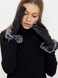 Čierne kožené rukavice s umelou kožušinou Camaieu