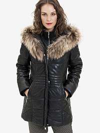 Čierny dámsky kožený kabát s pravou kožušinou KARA