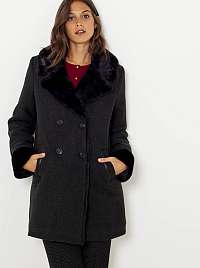 Čierny zimný kabát s umelou kožušinou CAMAIEU