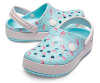 Crocs tyrkysové dievčenské šľapky s plameniakmi Crocband MiltiGraphic Clog Ice Blue