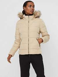 Dámska béžová prešívaná zimná bunda s kapucňou a umelou kožušinou VERO MODA Mollie