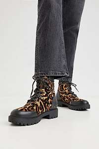 Hnedé dámske kožené členkové topánky s leopardím vzorom Desigual Biker Leopard