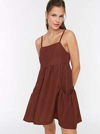 Hnedé dámske krátke šaty na ramienka s vreckami Trendyol