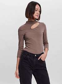 Hnedé tričko s priestrihom a 3/4 rukávom VERO MODA Maxi