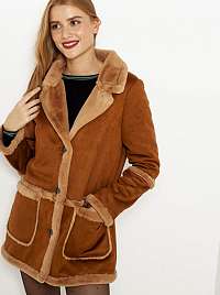 Hnedý semišový kabát s umelým kožúškom CAMAIEU