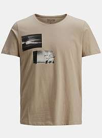 Jack & Jones béžové pánske tričko Nobody s potlačou