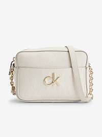 Krémová dámska vzorovaná crossbody kabelka Calvin Klein Re-Lock Camera Bag Ostrich