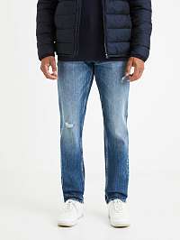 Modré pánske straight fit džínsy s potrhaným efektom Celio Vomarble