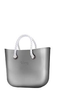 O bag kabelka MINI Silver s bielymi krátkymi povrazmi