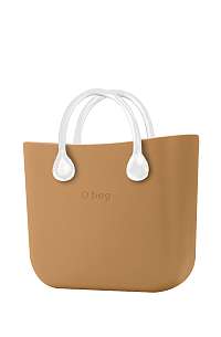 O bag karamelové kabelka MINI Biscotto s bielymi krátkymi koženkovými rúčkami