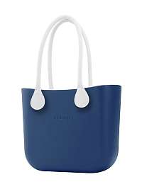 O bag  modrá kabelka MINI Bluette s bielymi dlhými koženkovými rúčkami