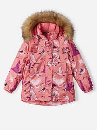 Ružová dievčenská vzorovaná zimná bunda s odnímateľnou kapucňou s kožušinou Reima Kiela