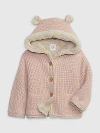 Ružový dievčenský sveter s kapucňou a umelou kožušinou GAP