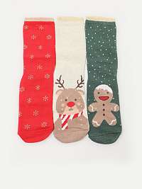 Sada troch dámskych vzorovaných ponožiek v červenej, krémovej a zelenej farbe Trendyol