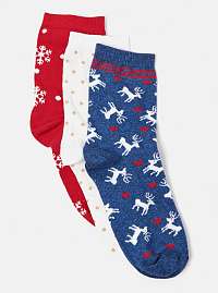Sada troch párov ponožiek v červenej, bielej a modrej farbe s vianočným motívom CAMAIEU