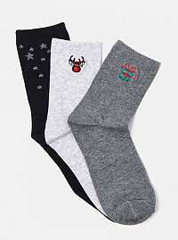 Sada troch párov ponožiek v šedej, čiernej a bielej farbe s vianočným motívom CAMAIEU