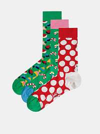 Sada troch párov vzorovaných ponožiek v červenej a zelenej farbe v darčekovej krabičke Happy Socks Holiday