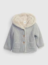 Svetlosivý detský sveter s kapucňou a umelou kožušinou GAP