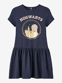 Tmavomodré dievčenské krátke šaty s potlačou mena Harry Potter