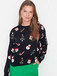 Tmavomodrý dámsky sveter s vianočným motívom Trendyol