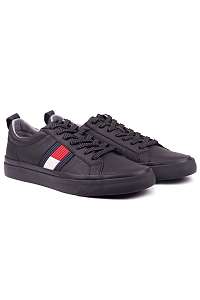 Tommy Hilfiger čierne pánske kožené tenisky Flag Detail Leather Sneaker Black