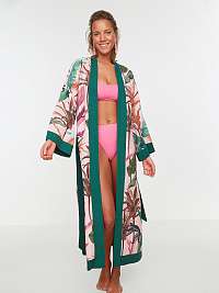 Zeleno-ružové dámske vzorované kimono so zaväzovaním Trendyol