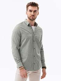 Kockovaná khaki košeľa s dlhým rukávom K622