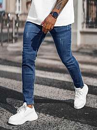 Tmavo-nebesky modré bavlnené slim fit rifle E93/01