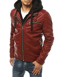 Trendová koženková bunda s kapucňou v červenej farbe