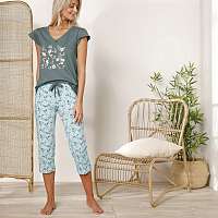 Blancheporte 3/4 pyžamové nohavice s potlačou kvetín smaragdová zelená