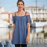 Blancheporte Jednofarebná tunika s ramienkami a macramé rukávmi indigo