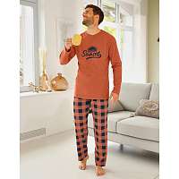Blancheporte Kockované bavlnené pyžamo s dlhými rukávmi a nohavicami marhuľová 137/146 (4XL)